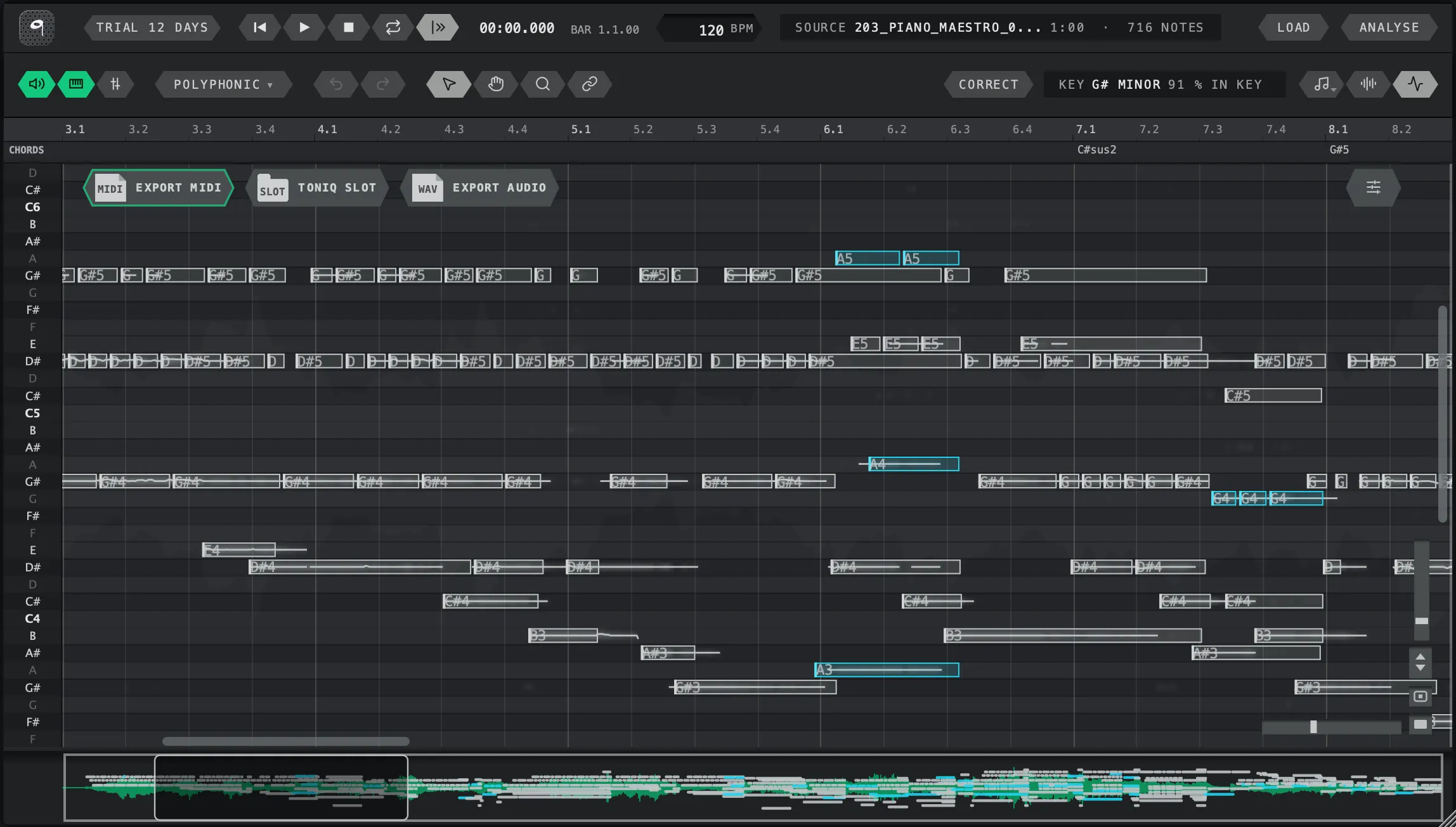 TONIQ's editor in pitch view: a piano recording as notes on the roll, each with its own pitch line, the key and chords named above