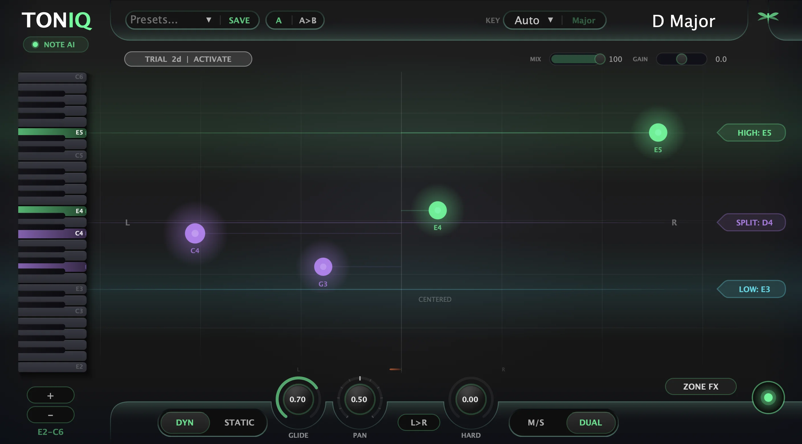 TONIQ plugin interface — note-aware stereo field with real-time note detection