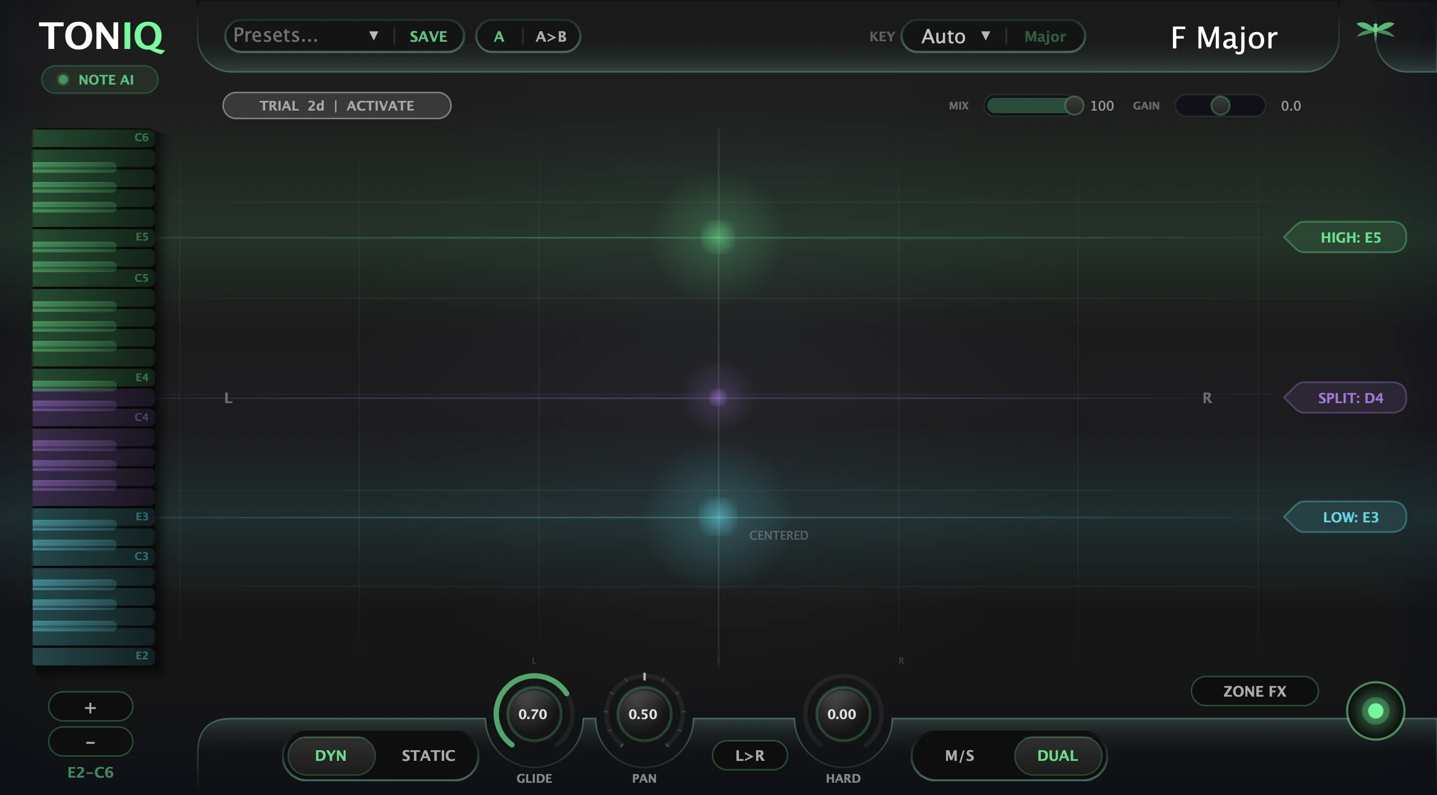 TONIQ plugin interface — note-aware stereo imaging with real-time visualization